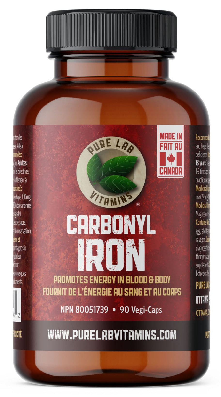 Bottle of Pure Lab Vitamins Carbonyl Iron supplement on a white background