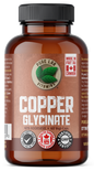 Brown supplement bottle labeled 'Copper Glycinate' with a black lid on a white background